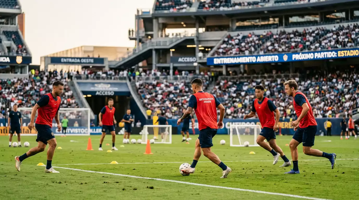 Jugadores de fútbol entrenando en un campo bajo el sol antes de un partido del Mundial 2026