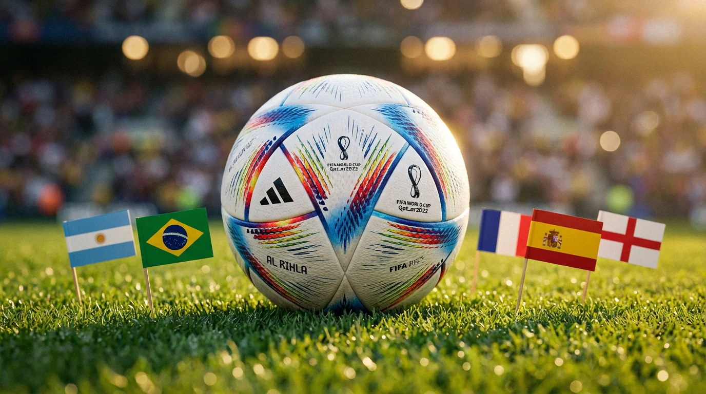 Balón oficial del Mundial sobre césped con banderas de las selecciones favoritas al título