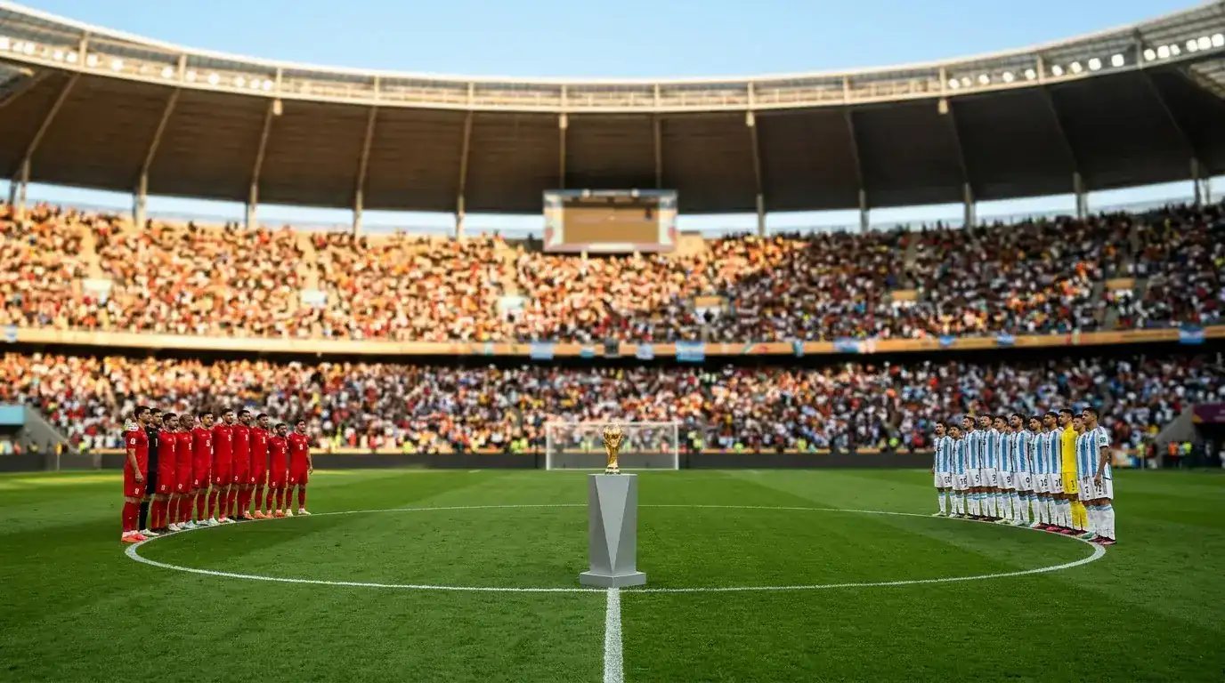 Dos equipos de fútbol alineados en el césped de un gran estadio al atardecer antes de una final, uno de rojo y otro de celeste y blanco, con el trofeo sobre un pedestal en el círculo central