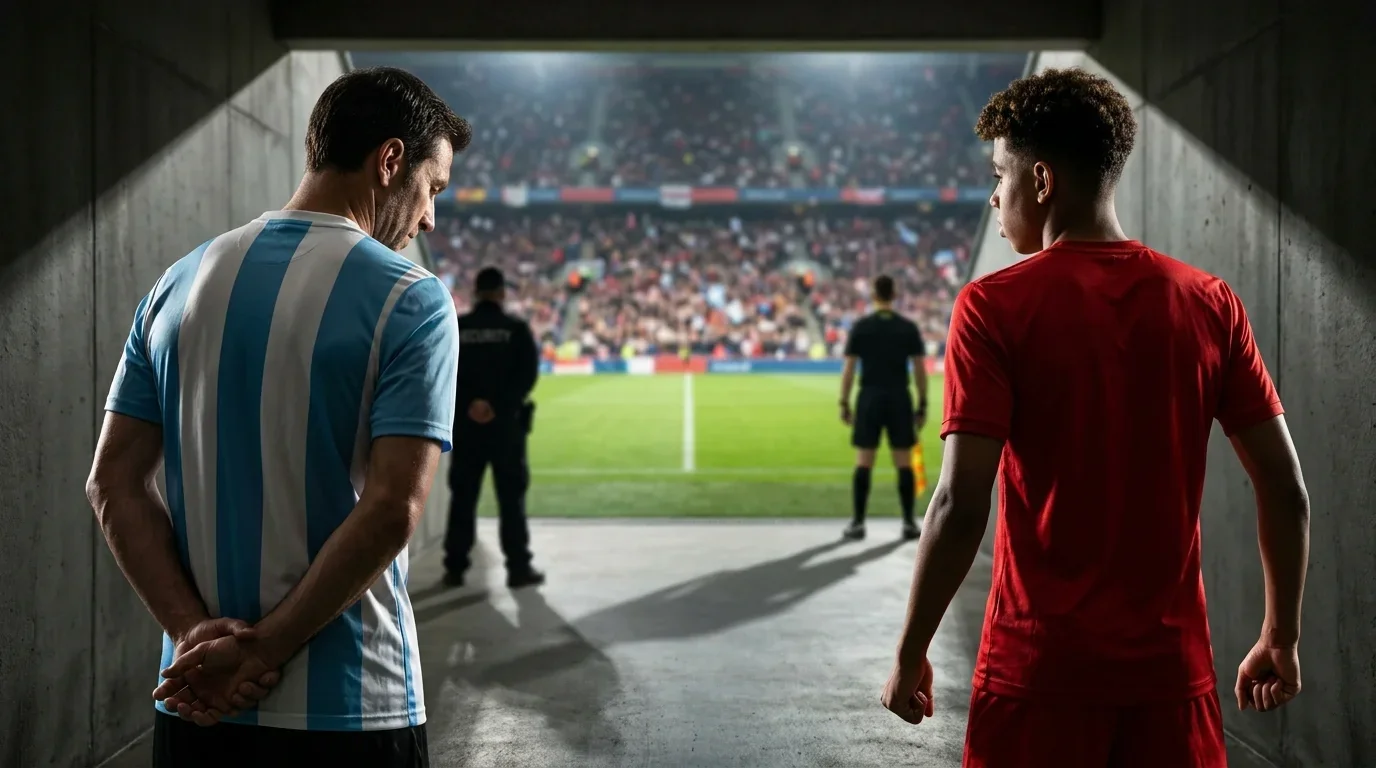 Un jugador veterano con camiseta celeste y blanca y un joven extremo con camiseta roja retratados antes de una final, simbolizando un duelo de generaciones, con iluminación dramática del túnel del estadio