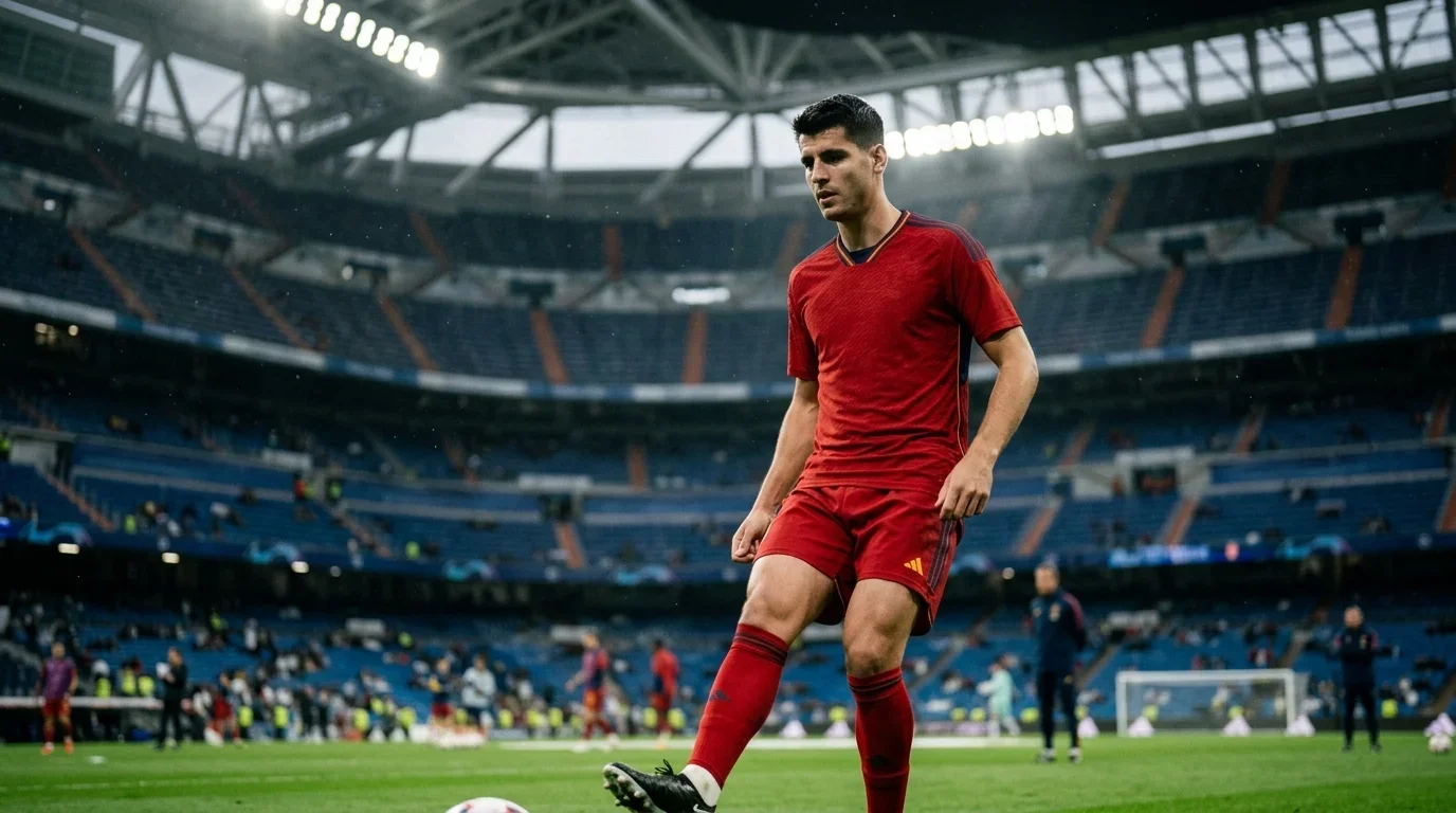Jugador con camiseta roja concentrado en el calentamiento bajo la cubierta de un gran estadio moderno