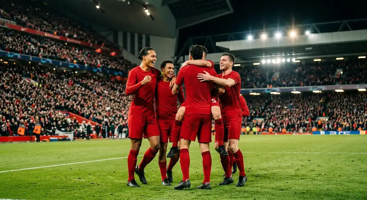 Jugadores de fútbol con equipación roja celebrando en el césped de un estadio iluminado durante un partido internacional
