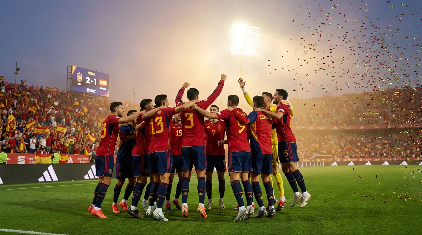Jugadores de la selección española celebrando un gol con la equipación roja