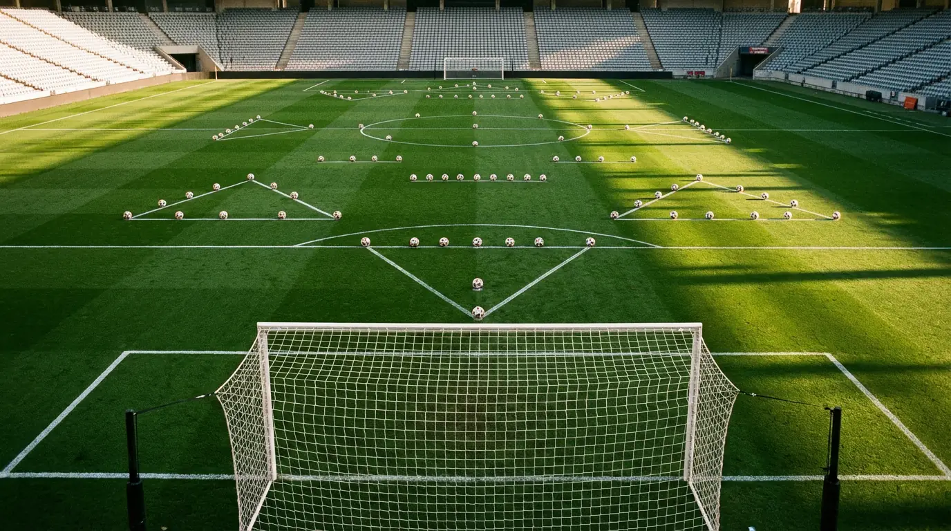 Campo de fútbol con líneas tácticas y marcadores de los 12 grupos del Mundial 2026