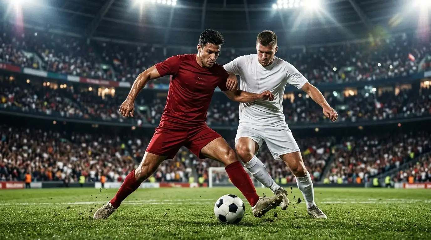Jugadores de fútbol con equipación roja disputando un balón a un rival de blanco en el césped iluminado de un estadio durante un partido internacional