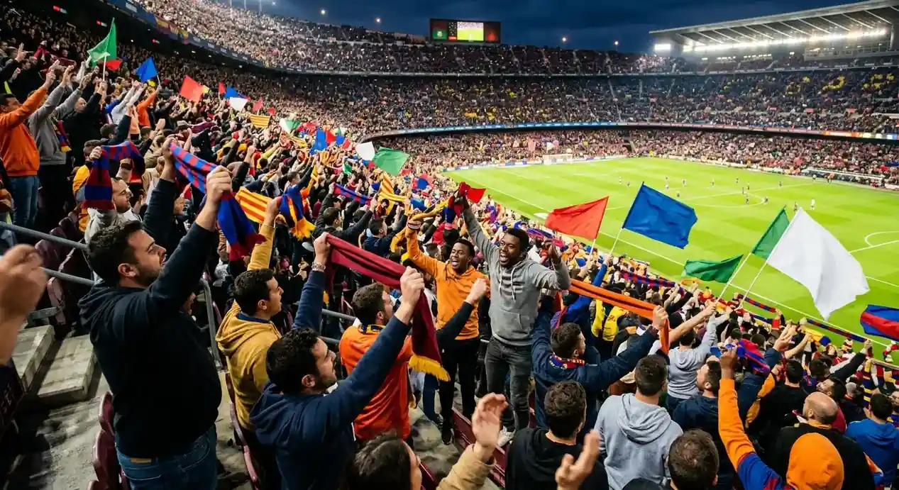 Aficionados con bufandas y banderas animando en la grada de un estadio de fútbol durante un partido internacional