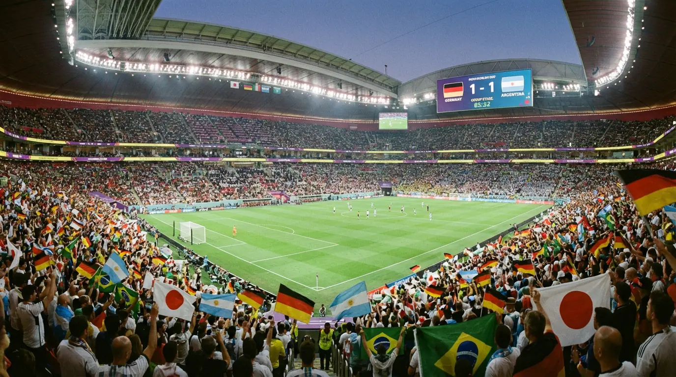 Vista panorámica de un estadio lleno durante un partido de fase de grupos del Mundial