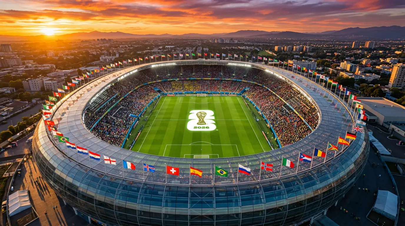 Estadio de fútbol iluminado con banderas de las selecciones del Mundial 2026
