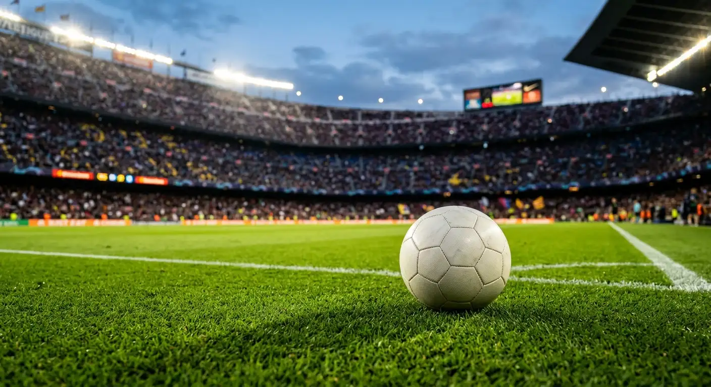 Balón oficial sobre el césped iluminado de un estadio al anochecer, con los focos encendidos y las gradas desenfocadas antes del inicio de un partido
