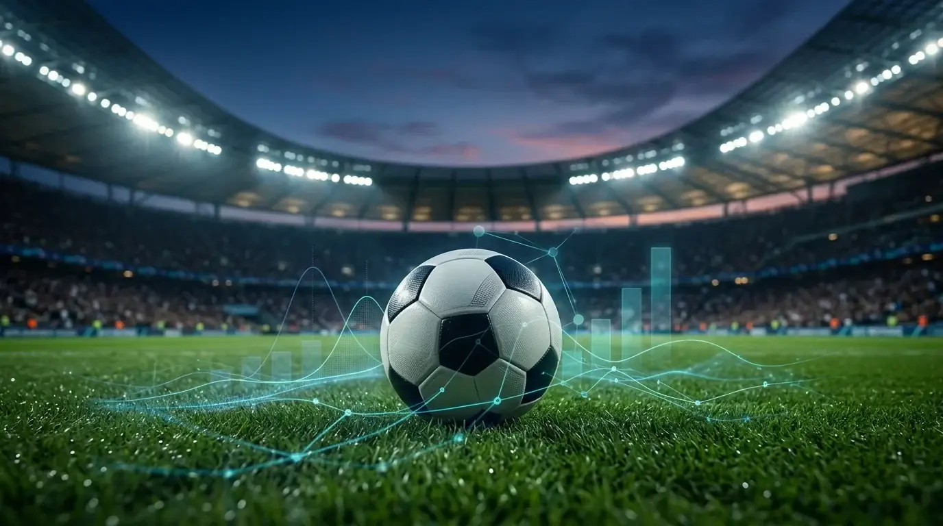 Un balón de fútbol sobre el césped iluminado de un estadio al anochecer, con líneas de datos y curvas de probabilidad superpuestas en tonos azules, evocando el análisis de apuestas