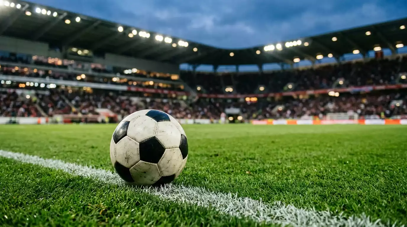 Balón de fútbol sobre el césped de un estadio con las gradas desenfocadas al fondo