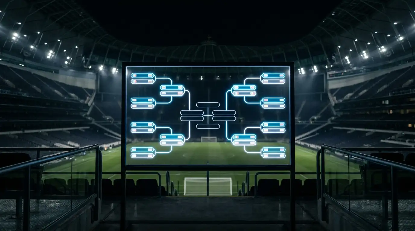 Panel de cuadro de eliminatorias de un torneo de fútbol iluminado en un estadio, con líneas de cruces y focos de fondo