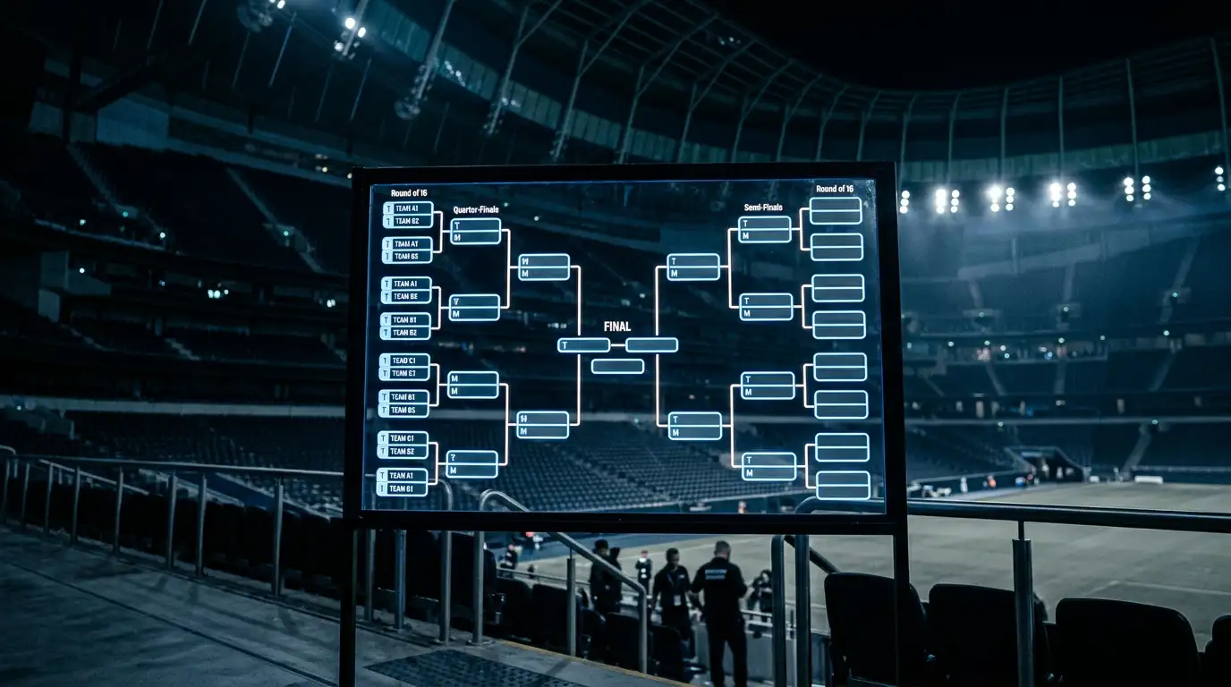 Panel de cuadro de eliminatorias de un torneo de fútbol iluminado en un estadio, con líneas de cruces y focos de fondo