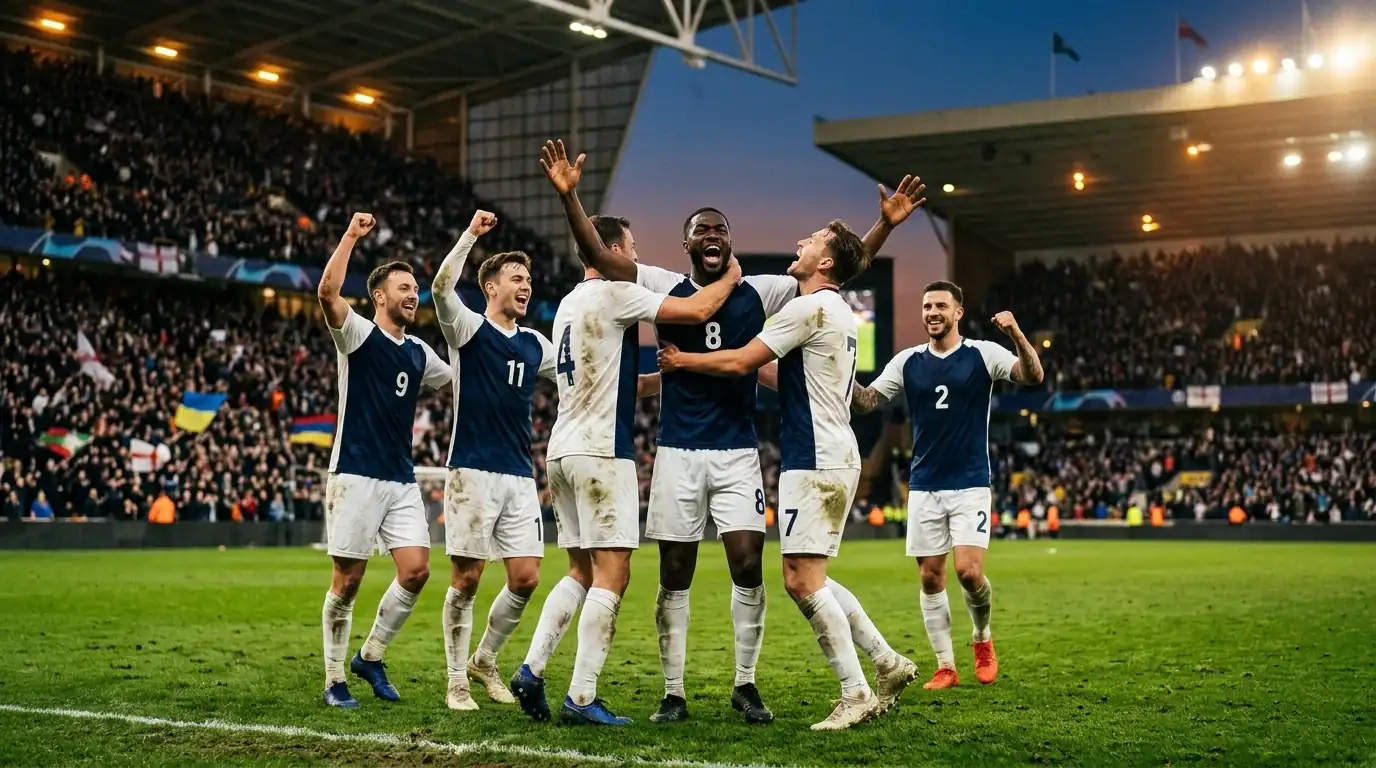 Jugadores celebrando un gol sobre el césped iluminado de un estadio durante un partido de eliminatoria del Mundial al anochecer