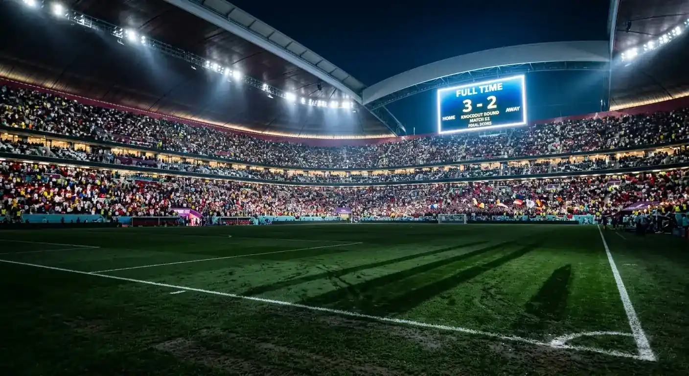 Estadio de fútbol de noche con las gradas llenas y un marcador iluminado al fondo tras un partido de eliminatoria