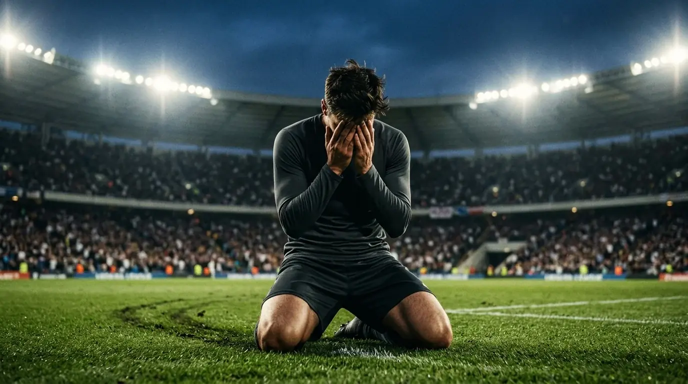 Un futbolista con camiseta oscura arrodillado en el césped con las manos en la cara tras la eliminación, grada desenfocada al fondo